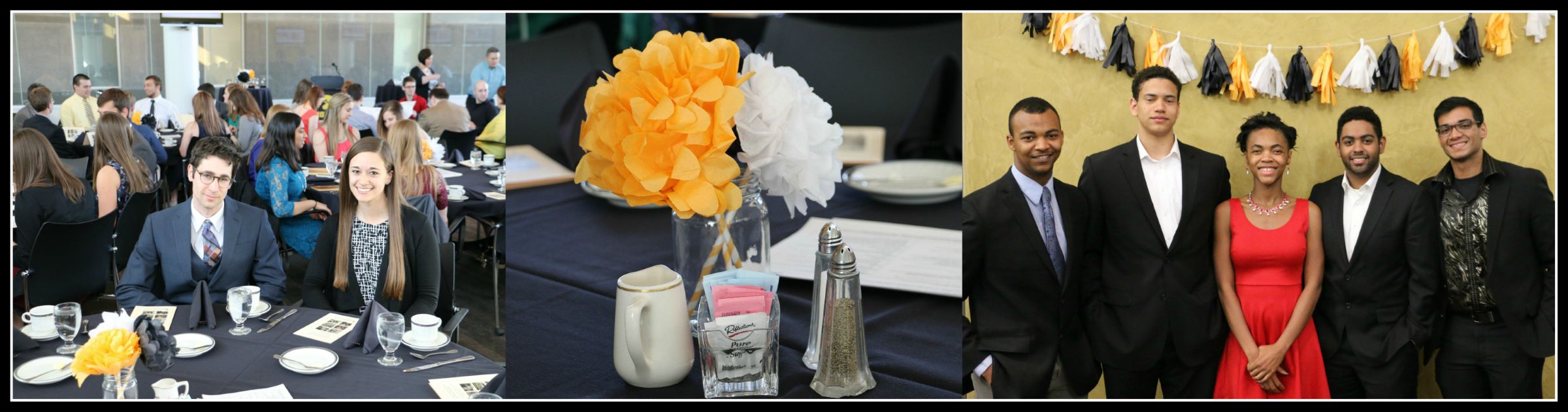 Banner-style collage showing a formal banquet setting: on the left, attendees seated at round tables with place settings; in the center, a close-up of a table centerpiece with yellow and white tissue-paper flowers, a mug; on the right, a group of five formally dressed people standing in front of a decorative backdrop with black, white, and gold garland.
