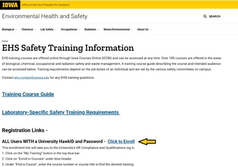 Screenshot of the EHS Safety training course enrollment page highlighting the link to enroll in the course