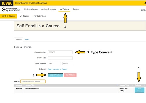Snapshot ofthe page to self enroll in the course, highlighting the link to My Training, The Course Number (W051OS).