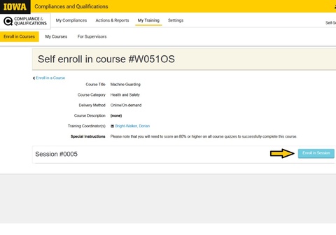 Screenshot illustrating that once the course of interest (#W051OS) is selected, select the Enroll in Course button.