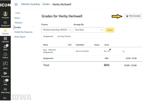 Screensot of an example final course score greater than or equal to 80%