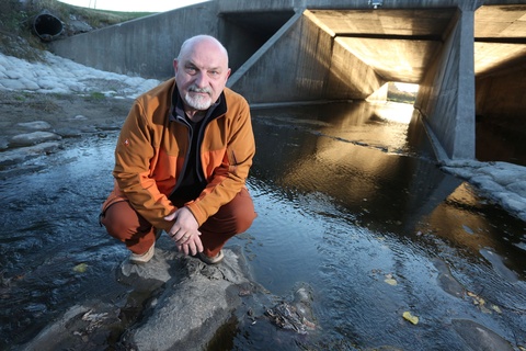 Researcher crouching in a stream beneath a concrete culvert during fieldwork.