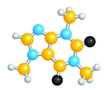 Ball-and-stick model illustrating the molecular structure of caffeine.
