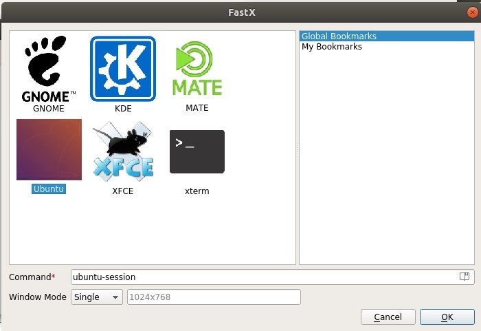 FastX 2 Desktop Environment Selection screen