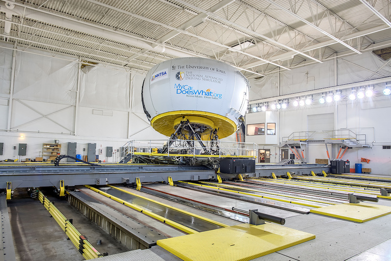 The 24-foot NADS-1 simulator is on a six-legged base that rotates up to 330° and moves across the 64-foot square bay floor to simulate driving motions such as accelerating, lane changing, and skidding.