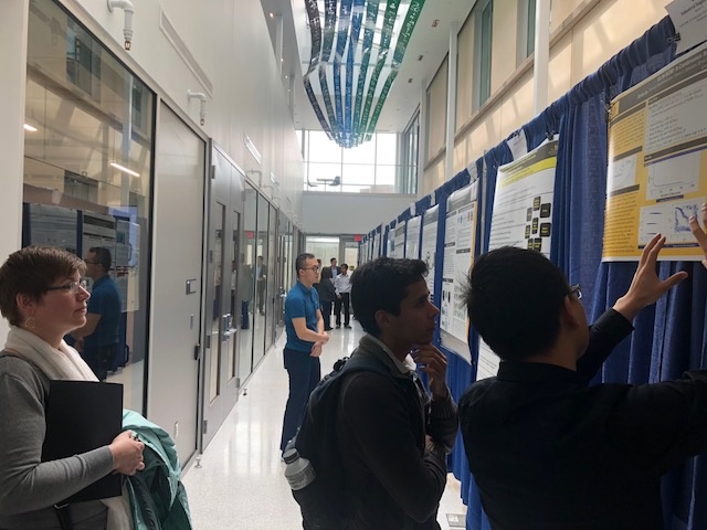 students with research posters in the hallway