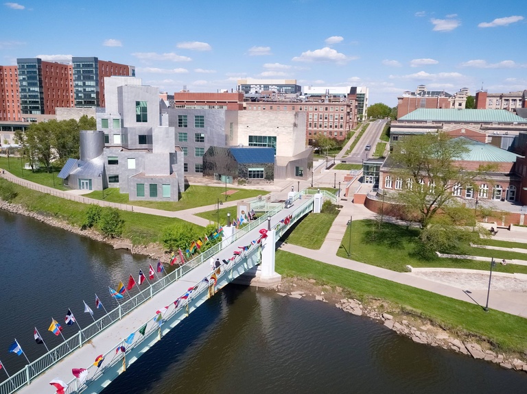 Aerial photo of Iowa River and campus buildings