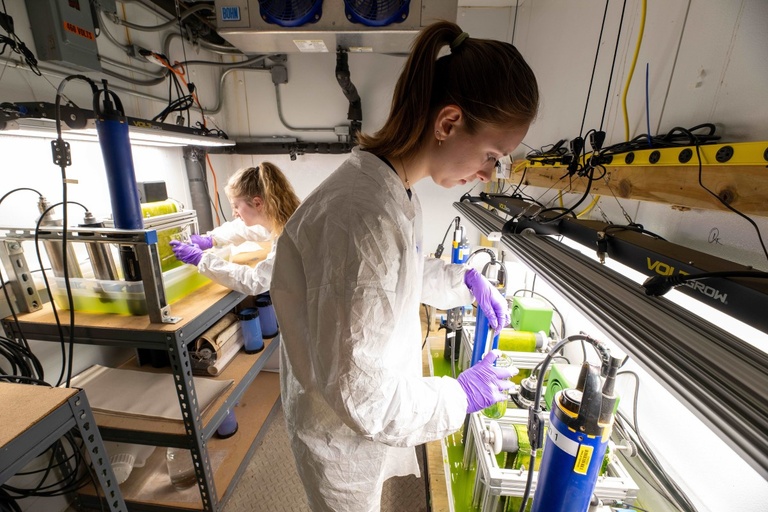Two students working in a lab