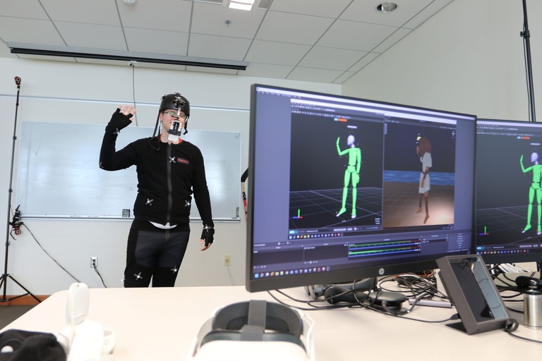 A person wearing a virtual reality headset
