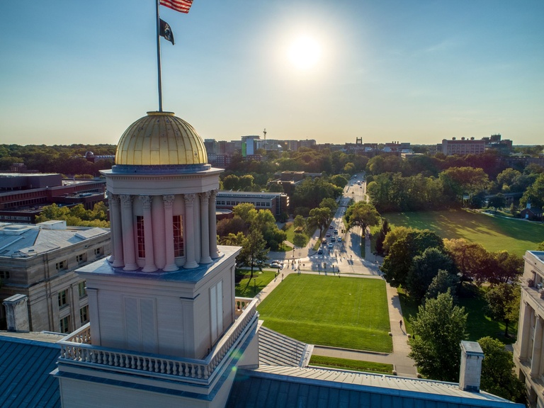 Drone Image of the Old Capitol facing Hubbard Park.