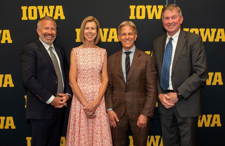 Sharon and Kyle Krause (center) contributed a $5 million founding gift to help launch Iowa INSIGHT. David Cwiertny (left) and Larry Weber (right) will lead research efforts.