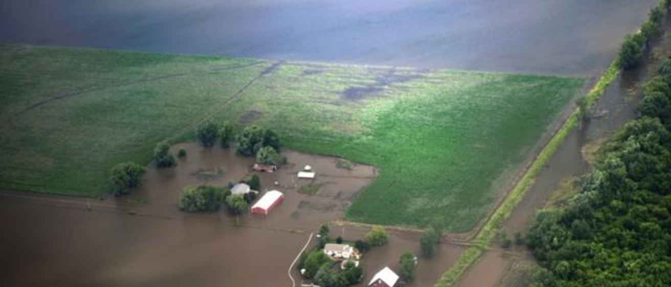 Aerial view of a flooded farm