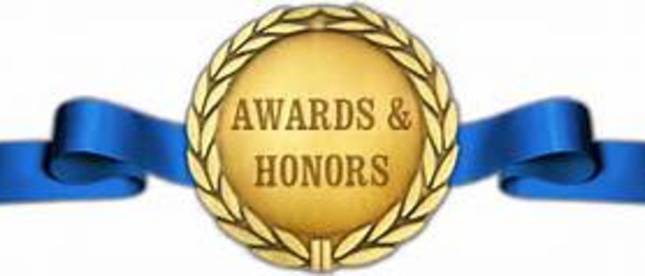 Blue ribbon that says, "honors & awards"