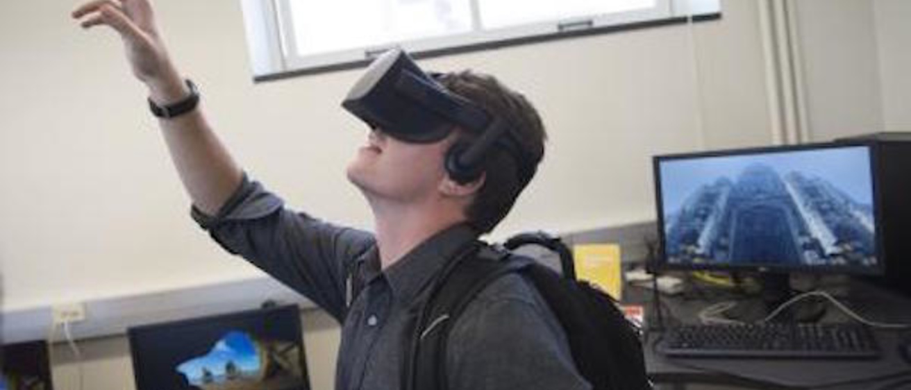 Student wearing a virtual reality headset