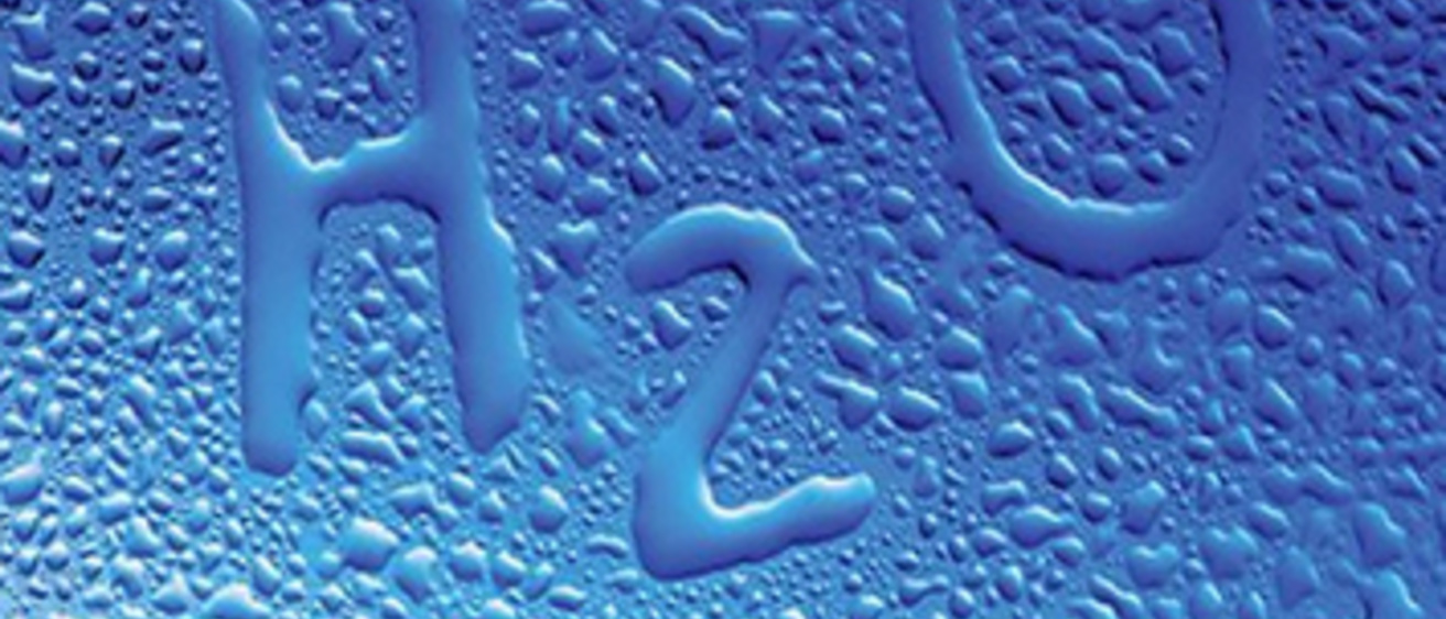 Water droplets spelling out, "H2O"