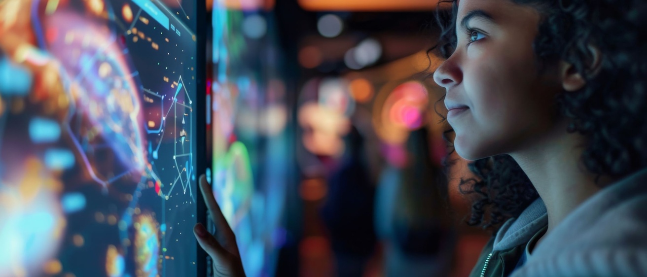 Person interacting with a digital touchscreen displaying data visualizations and graphs.
