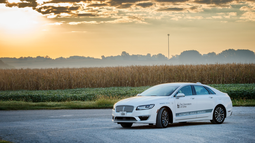 White University of Iowa branded automated vehicle 