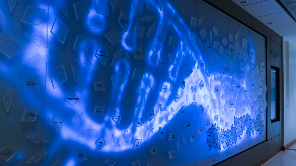College of Engineering donor wall, blue lighting