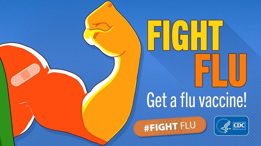 Illustration of a flexing bicep with a bandage on it. Text reading "Fight Flu, Get a flu vaccine!"