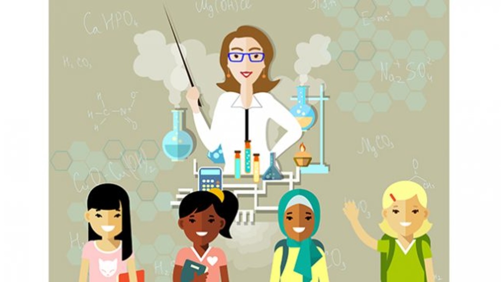 Illustration of a scientist and four children