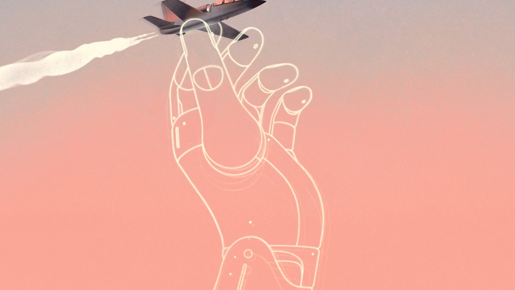 New Yorker illustration of plane being held by drawn hand