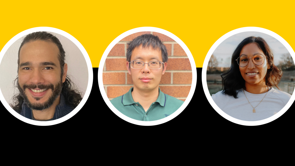 Headshots of three new faculty on black and gold background 