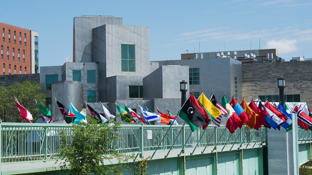 A bridge lined with flags from various countries