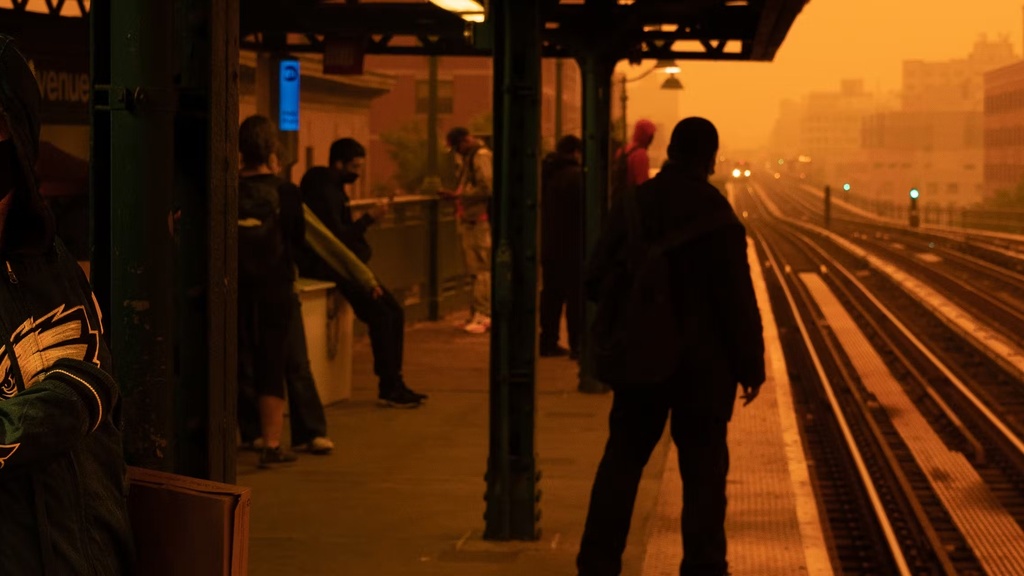 People stand at train stop surrounded by a hazy, orange sky